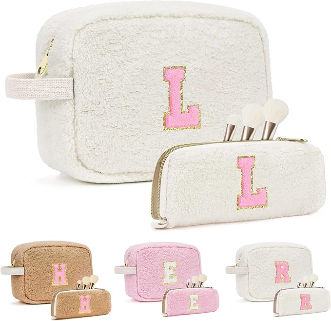 ibeacos for Valentines Day Gifts, Travel Makeup Bag for Women, Initial Make Up Bag Set for 6 7 8 9 10 11 12 13 Years Old Kids Tween Girls, Large Cosmetic Skincare Bags for Birthday Gifts, White L