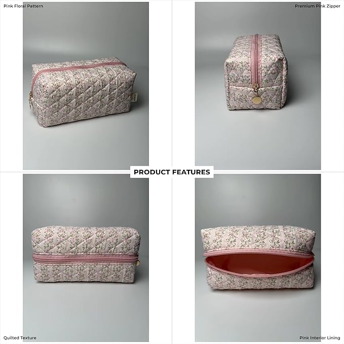 OIMEI Floral Quilted Cotton Makeup Bag for Women, Large Capacity Travel Cosmetic Pouch with Zipper, Cute Toiletry & Brush Organizer, Kawaii Makeup Storage Case – Pink Floral