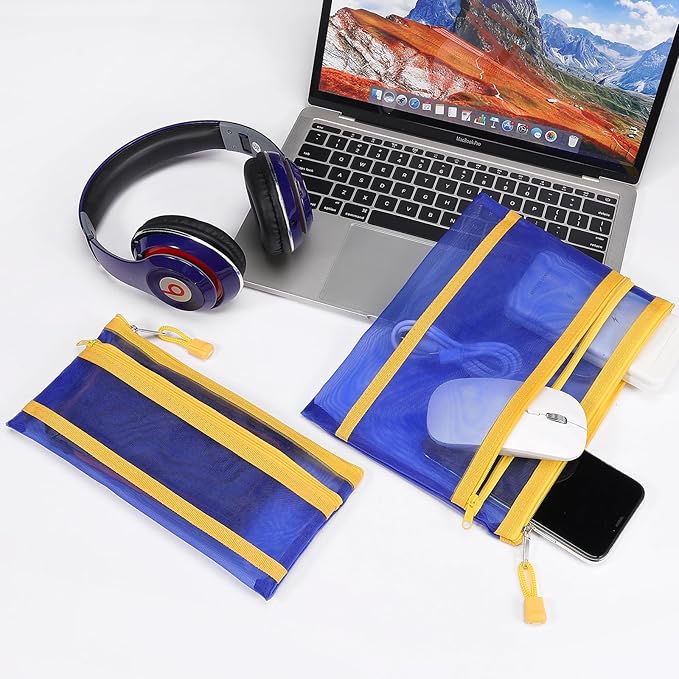 Sinzip 12 Pieces Zipper Nylon Mesh Pouch, Mesh Cosmetic Bags Makeup Bags Pencil Case, Multipurpose Travel Bags for Cosmetic School Office Supplies and Travel Accessories (2 Layers-Blue, A5)