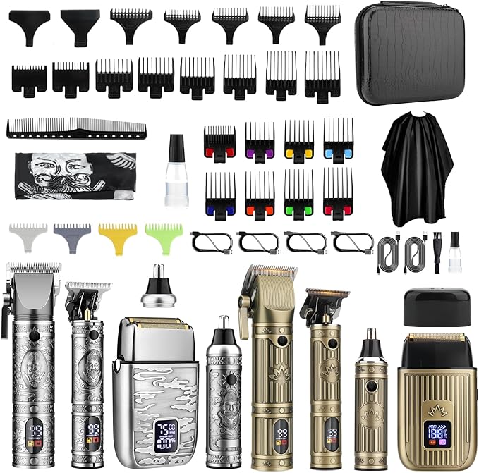 Bomxin Professional Hair Clippers for Men T-Blade Barber Clippers and Trimmer Set Nose Hair Trimmer Foil Shavers for Men Clippers for Hair Cutting, LCD Display