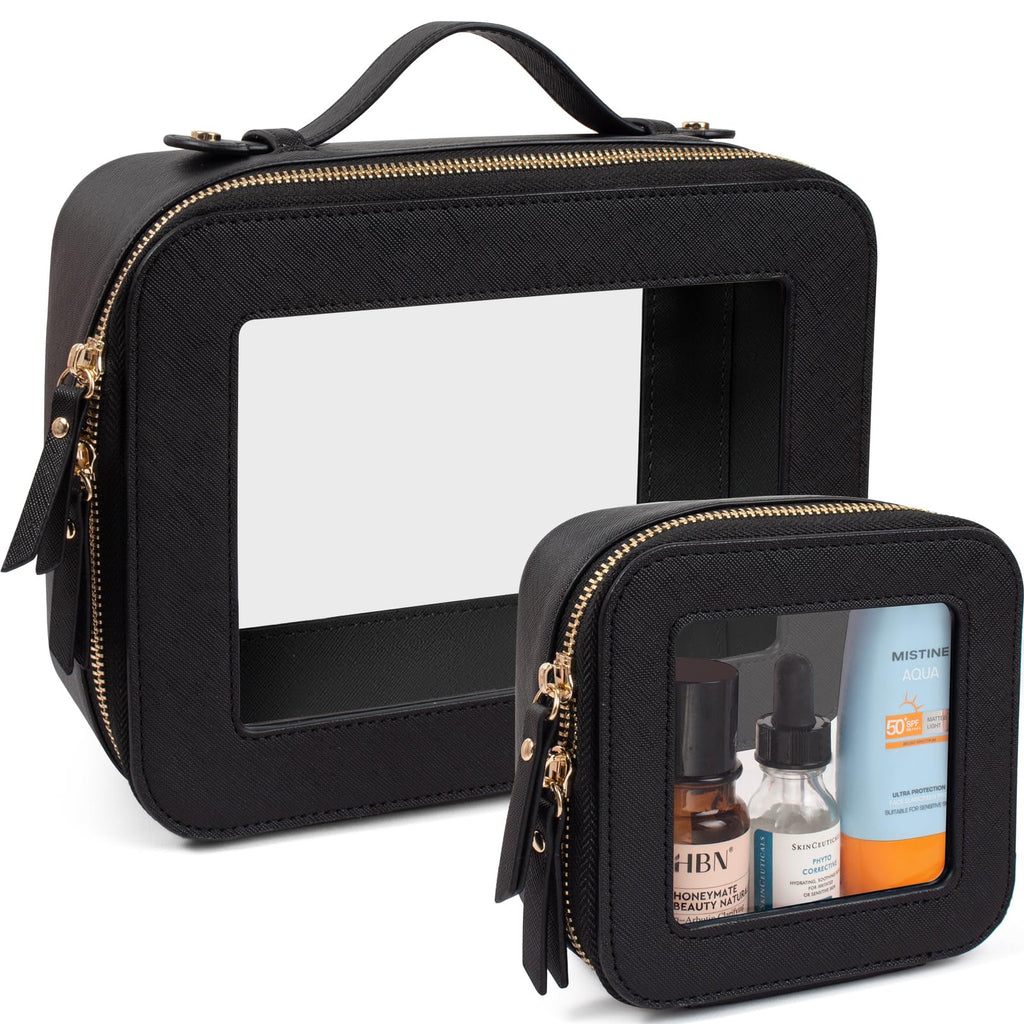 LETGO 2 Pack Clear Travel Toiletry Bag for Women,Large & Mini Waterproof PU TSA Approved Cosmetic Pouches,Portable Beach Vacation Makeup Organizer Set,See Through Skincare Sunscreen Bags for Women