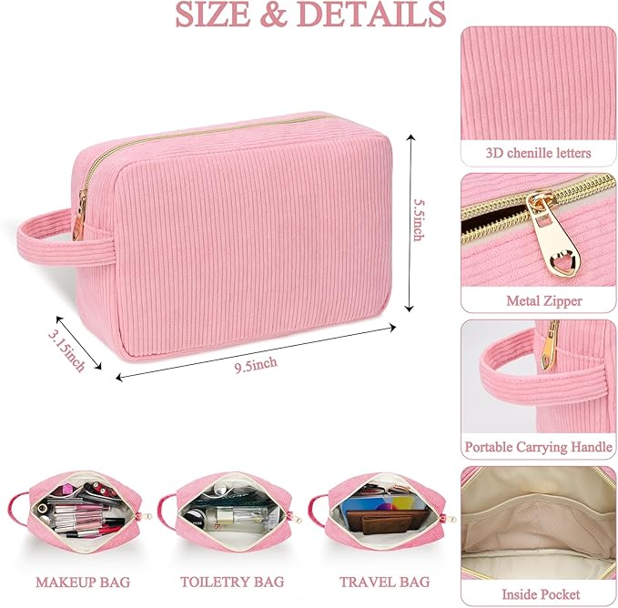 Sernaxi Personalized Initial Makeup Bag Trendy Stuff Corduroy Cosmetic Bag Travel Toiletry Bag, Valentine’s Day Gift Makeup Organizer Case & Makeup Pouch for Women teen Girls Mom Girlfriend Wife