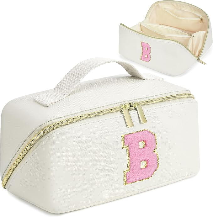 for Valentines Day Gifts, Makeup Bag for Women, PU Leather Travel Toiletry Bags, Initial Make Up Cosmetic Pouch for Teen Girls, Wide Open Portable Skincare Bag, Personalized Birthday Gifts, White B