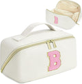for Valentines Day Gifts, Makeup Bag for Women, PU Leather Travel Toiletry Bags, Initial Make Up Cosmetic Pouch for Teen Girls, Wide Open Portable Skincare Bag, Personalized Birthday Gifts, White B