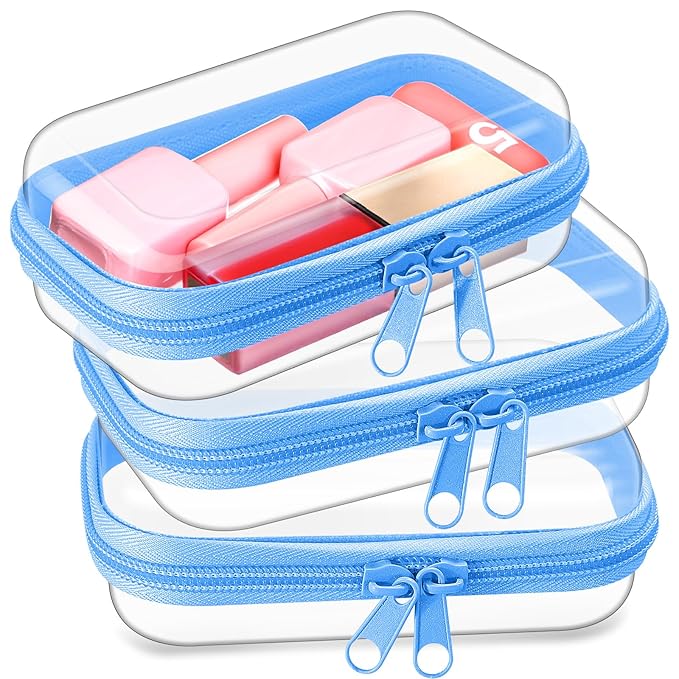 Hoolerry 3 Pcs Clear Hard Zipper Case Hard Plastic Zipper Pouch Makeup Bag Portable Travel Organizer for Cosmetics, Office Supplies, Documents & Toiletries(Blue,Xs)