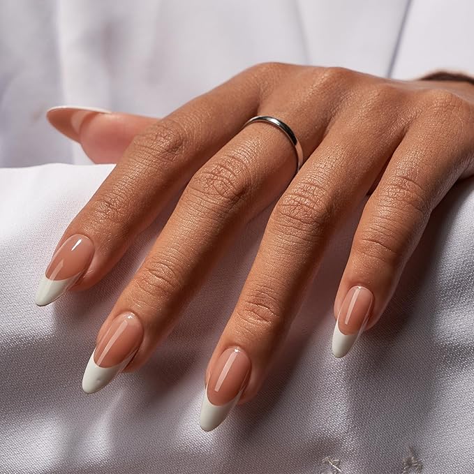 BTArtbox Press On Nails, Capable, Medium Almond, White French Tip, 32Ct