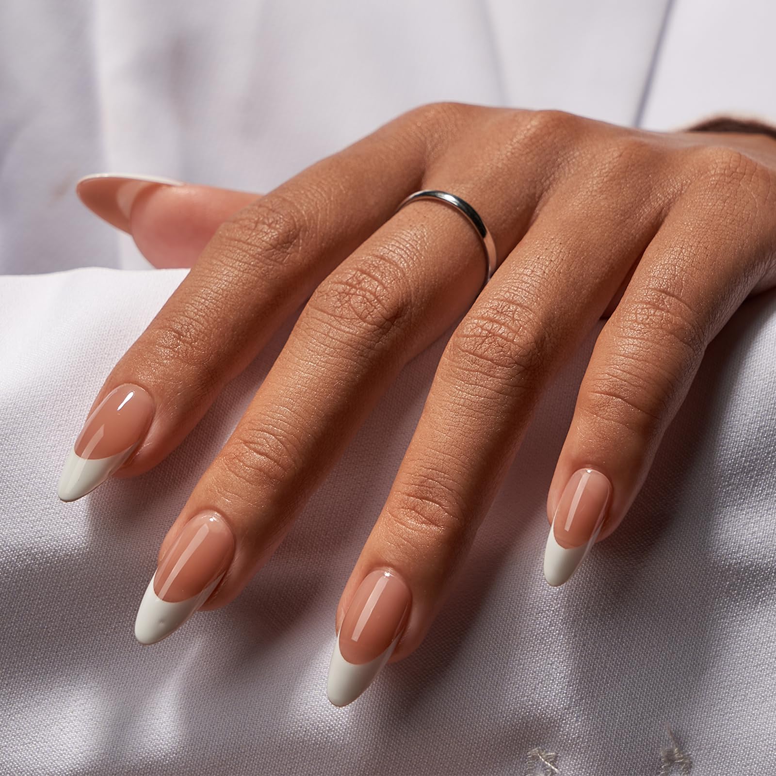 BTArtbox Press On Nails, Capable, Medium Almond, White French Tip, 32Ct