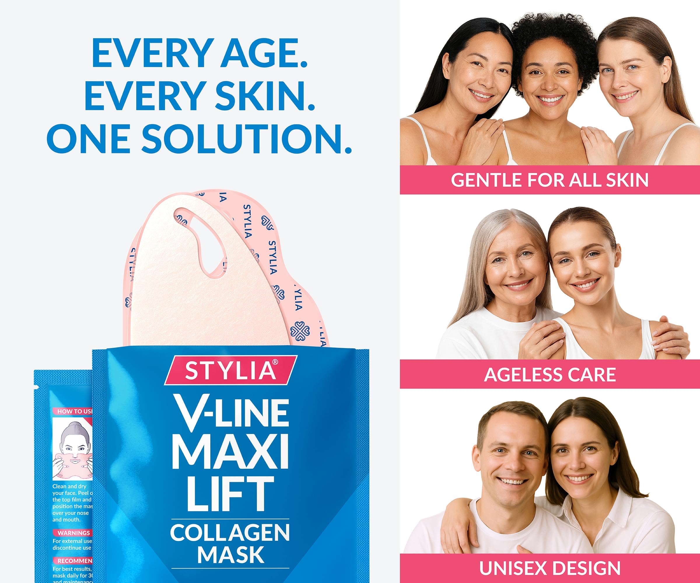 Stylia MaxiLift V-Line Lifting Collagen Face Mask - Double Chin Strap - Jawline Shaper - Neck Firming and Tightening Mask with Hyaluronic Acid & Aloe Vera - Chin Strap for Sleeping (5PC)