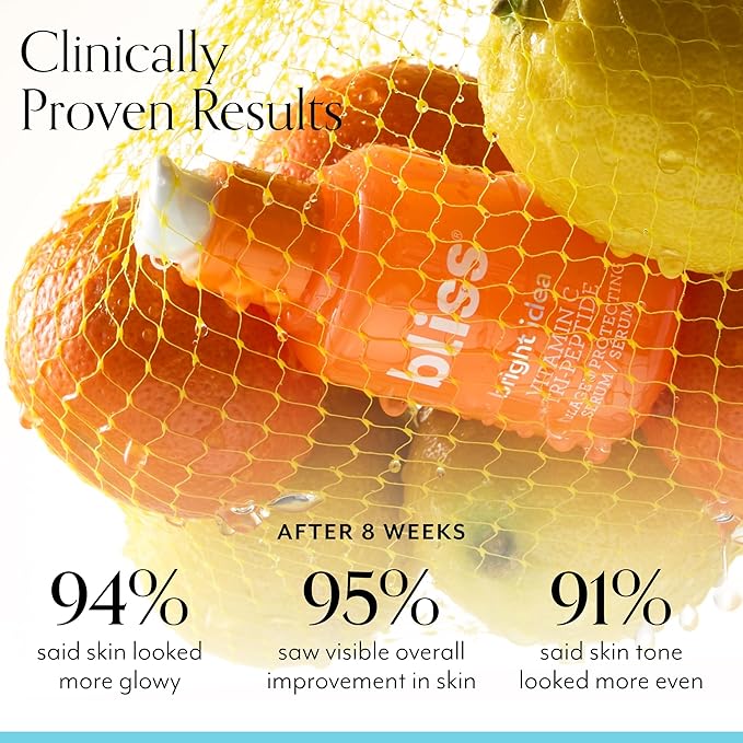 Bliss Vitamin C + Tri-Peptide Face Serum - Stabilized Vitamin C for Dark Spots, Fine Lines & Firmness - Brightening Serum with Collegen Boosting Peptides, Hyaluronic Acid, Squalane - 1 Fl Oz