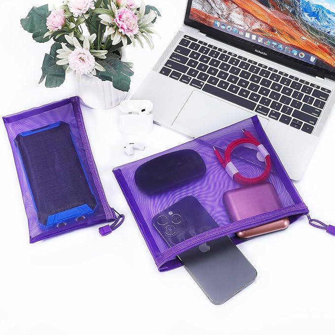 Sinzip 12 Pieces Zipper Nylon Mesh Pouch, Mesh Cosmetic Bags Makeup Bags Pencil Case, Multipurpose Travel Bags for Cosmetic School Office Supplies and Travel Accessories (Purple, A5+B6)