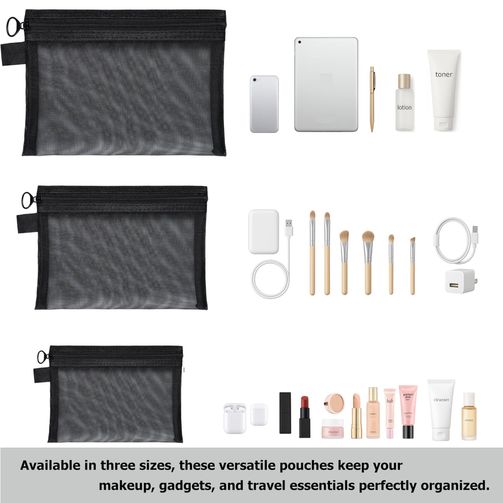 Quotidian Flat Clear Mesh Pencil Pouch Black Makeup Bag with Zipper Cosmetic Organizer 3-Size Pack of 9 - Travel Daily Use Home Storage Office