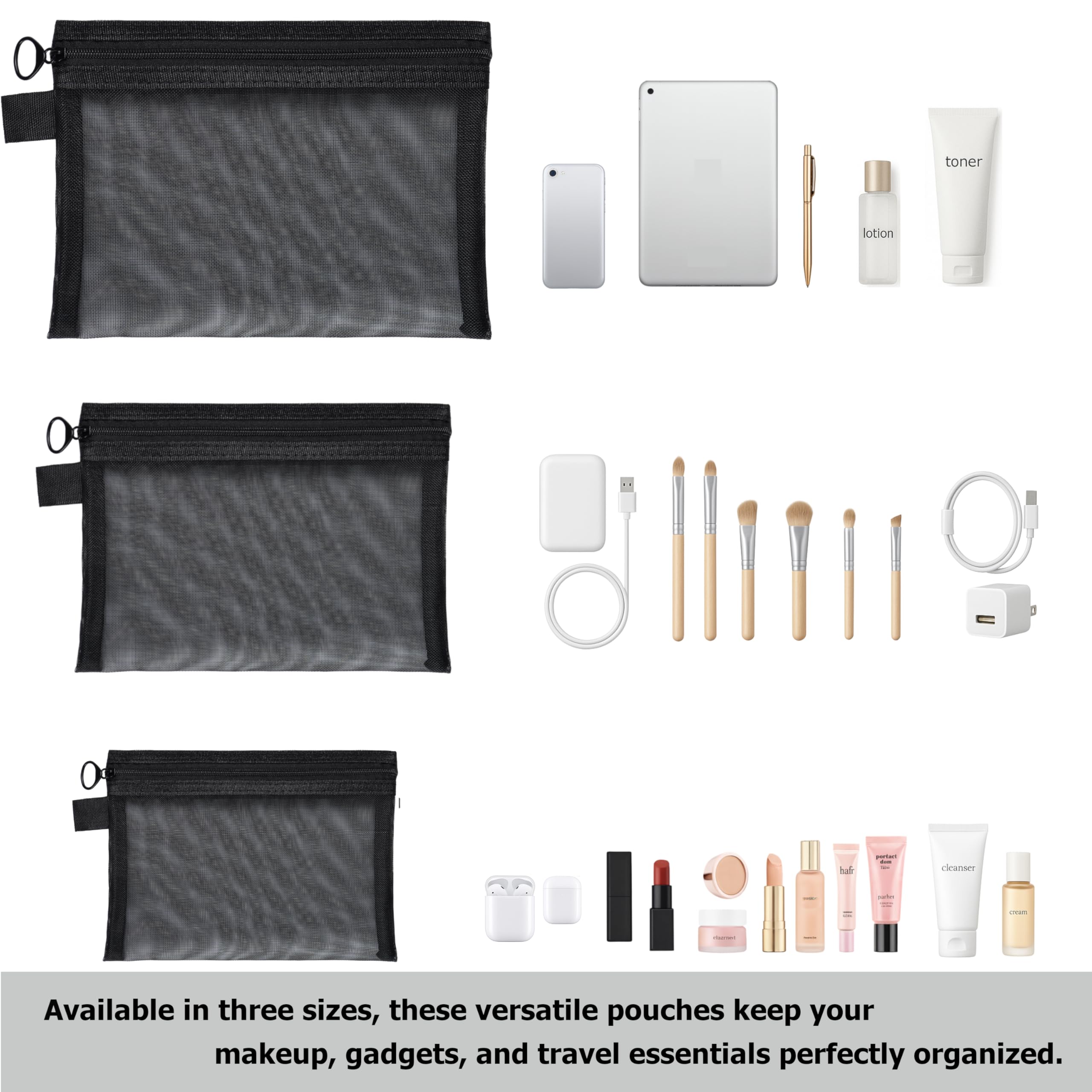 Quotidian Flat Clear Mesh Pencil Pouch Black Makeup Bag with Zipper Cosmetic Organizer 3-Size Pack of 9 - Travel Daily Use Home Storage Office