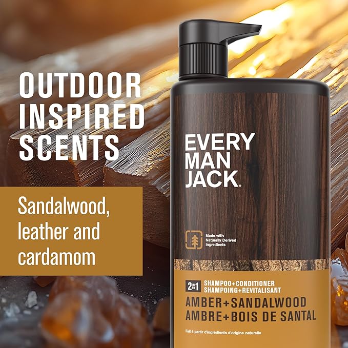 Every Man Jack Men's Shampoo & Conditioner 2-in-1, Amber Sandalwood, 24 oz