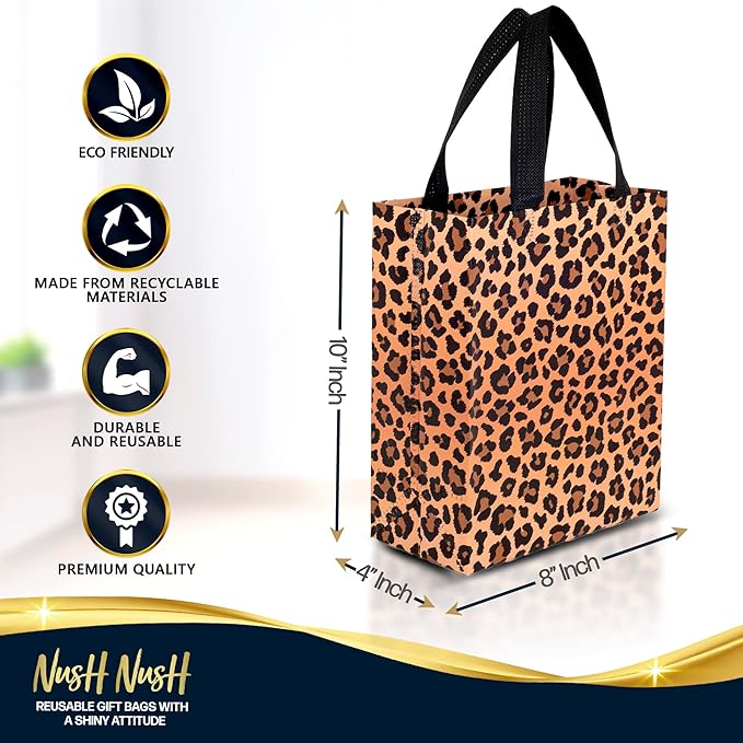 Nush Nush Medium Leopard Gift Bags with Handles, 8 x 4 x 10, Set of 12