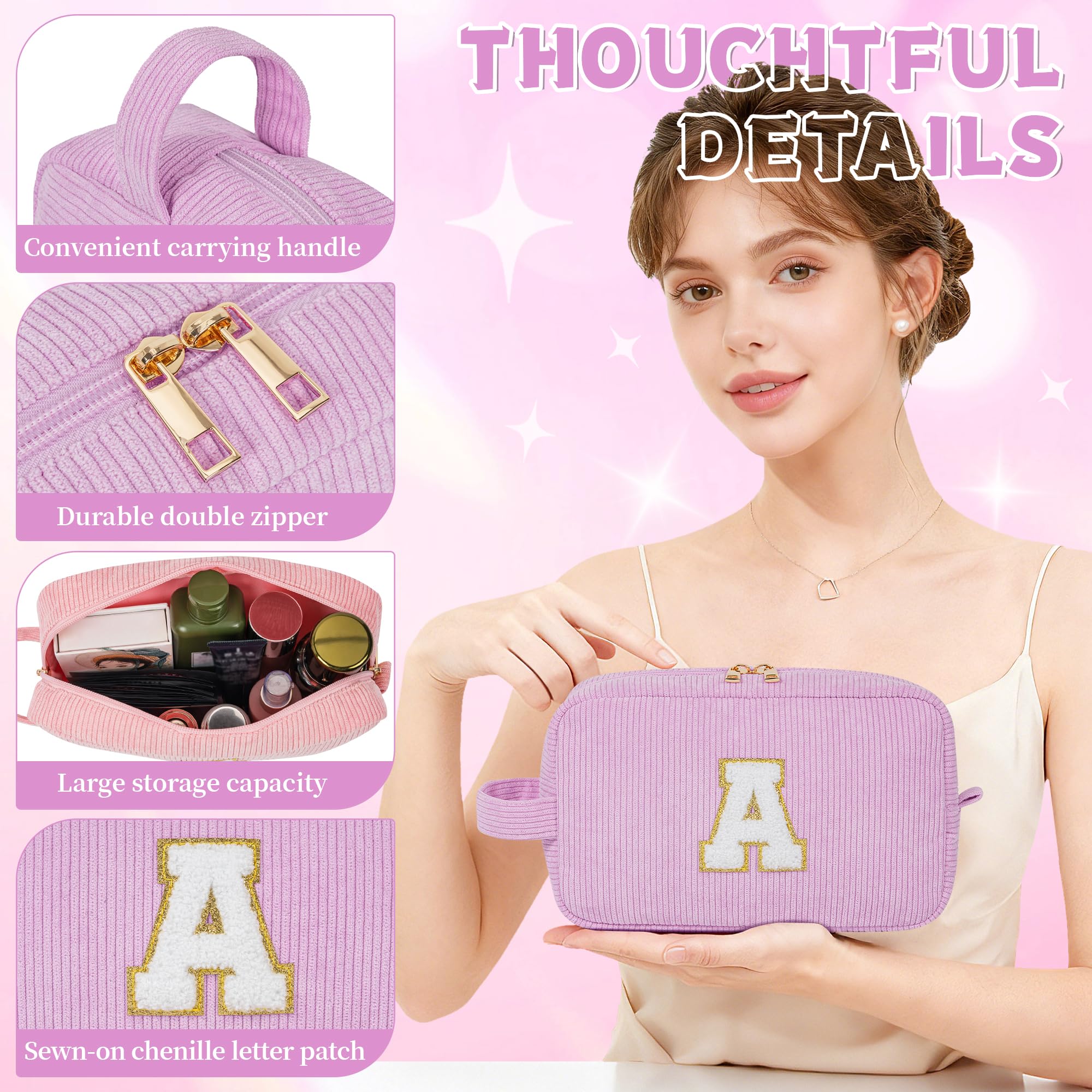 WELIDAY Initial Makeup Bag, Birthday Gift Preppy Chenille Patch Cosmetic Bag, Initial Travel Essentials Beach Toiletry Pouch, Ideal Gift for Teachers & Moms, Women and Girls (Purple, A)