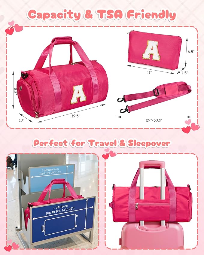 4 Year Old Girl Birthday Gift, Girls Travel Duffel Bag, Kids Initial Overnight Bags with Shoe Compartment, Customized Sport Gym Weekender Bag with Makeup Pouch, Gifts for Teens (Letter E)