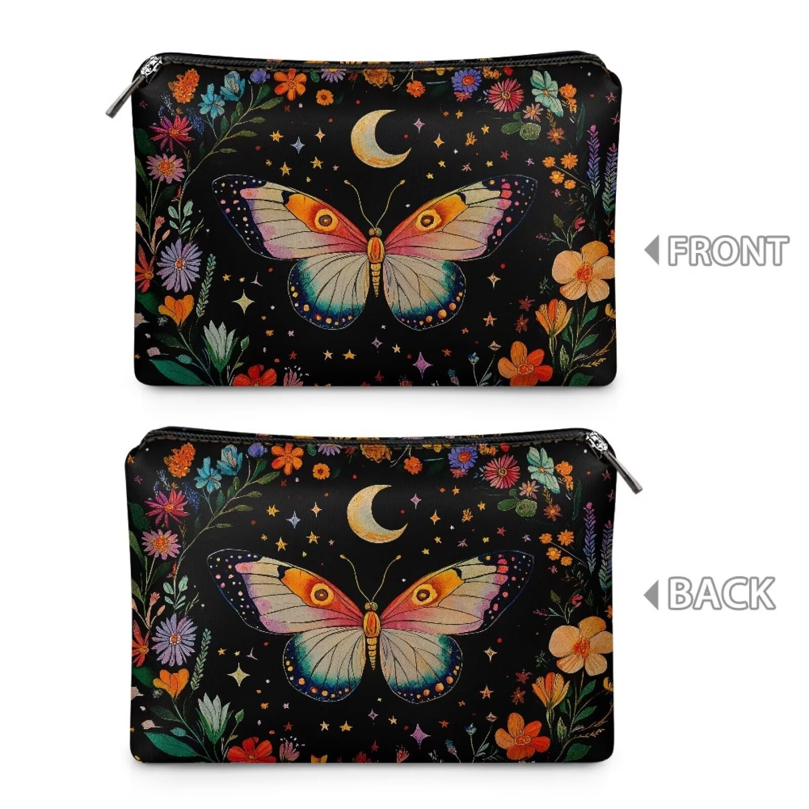 COEQINE Gothic Cosmetic Purses Leather Case for Women Trendy Butterfly Moon Goth Cosmetic Bags for Women Travel Black Floral Makeup Organizer Pouch With Zipper