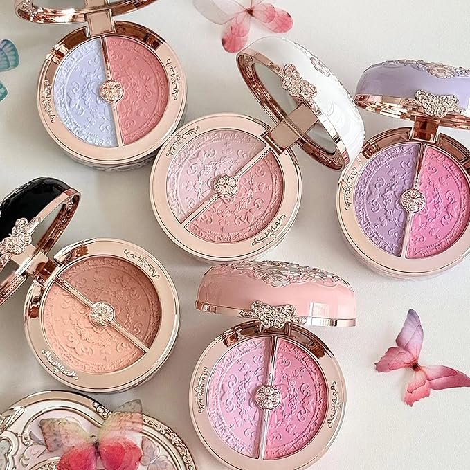 Flower Knows Butterfly Cloud Collar Rouge Box Highlighting & Blush Duo Powder,Blue+Pink Two Tone Matte Blush for Cheeks Bulidable & Blendable Palette,0.21 Oz(02 Seaborne Moon)