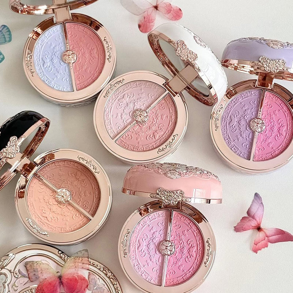 Flower Knows Butterfly Cloud Collar Rouge Box Highlighting & Blush Duo Powder,Blue+Pink Two Tone Matte Blush for Cheeks Bulidable & Blendable Palette,0.21 Oz(02 Seaborne Moon)