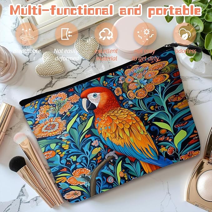 Scribesense Cosmetic Bags Travel Makeup Toilet Case Waterproof Pouch for Women Girls 6.7X9.45inches - Colorful Macaw Stands on Branch
