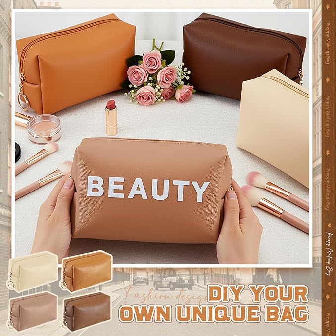Chunful 24 Pcs Preppy Makeup Bag PU Leather Cosmetic Bag Bulk Makeup Plain Pouch Waterproof Toiletry Purse for Women Traveling Preppy Pencil Case Valentine's Day Gifts(Brown Series)