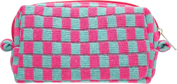 Checkered Makeup Bag for Purse, Small Travel Cosmetic Pouch,Magenta Green