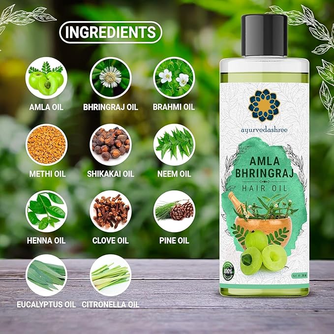 AYURVEDASHREE Hair Oil, 200 ml with Amla, Bhringraj, Brahmi, Methi, Shikakai, Neem, Henna, Pine, Clove, Eucalyptus & Citronella Oil