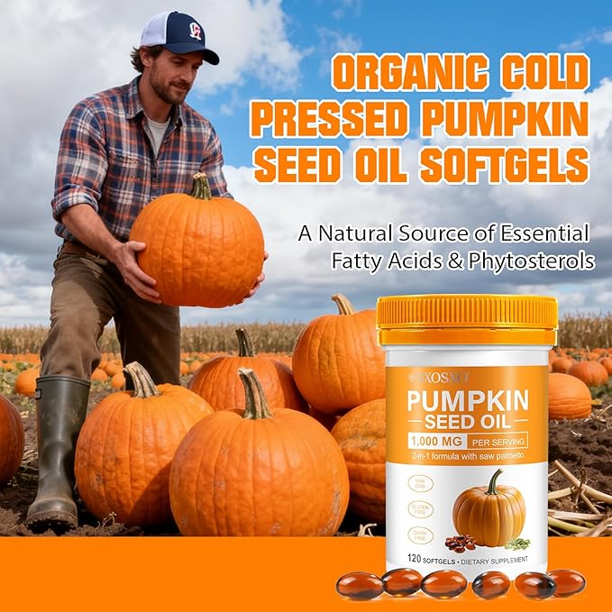 SXOSXO Pumpkin Seed Oil Capsules, 2-in-1 Formula with Saw Palmetto, Cold Pressed Virgin Oil for Hair Growth & Prostate Health, Rich in Essential Fatty Acids & Phytosterols, Non-GMO, 100 Softgels