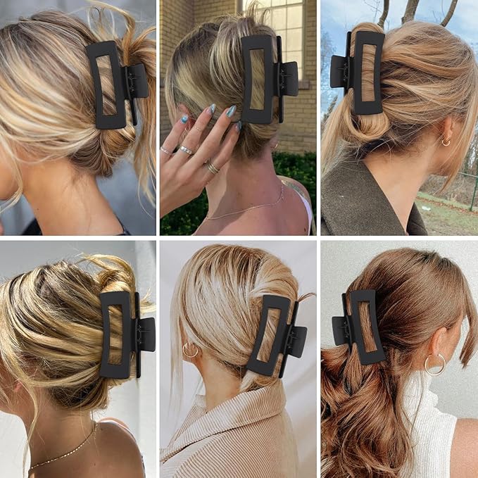 Sisiaipu 4 Inch Big Hair Claw Clips 6 Pcs Large Claw for Thick Hair Square Hair Clips for Women Rectangle Hair Clips Nonslip Acrylic Banana Jaw Clips Hair Accessories for Girls (Black)