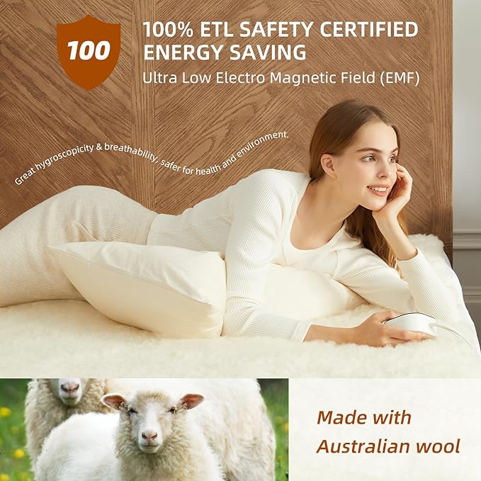Bwarm Multi-Zone Heated Mattress Pad Twin XL Wool Electic Mattress Pad, Touchscreen Bed Warmer with 9 Heat Settings, 1-12 Hours Auto Off Memory Deep Pocket,Machine Wash White Twin XL 39" x 80"
