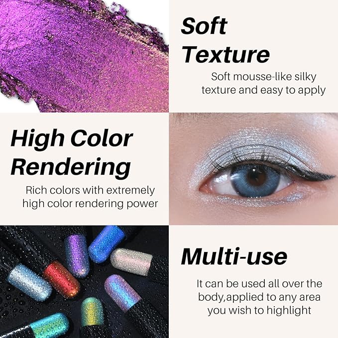 CHARMACY New Duochrome Long Stay Eyeshadow Stick, Creamy Eye Shadow Stick, Multicolor-Shifting Glitter Eyeshadow, Waterproof & Smudge-Proof, High Pigmented, Built-in Smudger #07