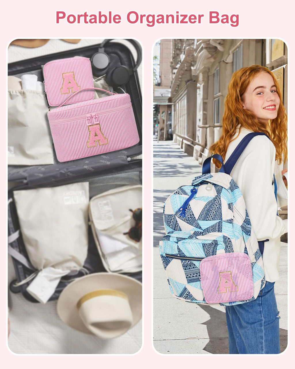 MONSTINA Personalized Initial Makeup Bag,Valentine's Gifts for Women,Make Up Case for Girlfriend Bridesmaid Wife,Birthday Gift for Her Cute Toiletry Bag,2PCS,Pink L