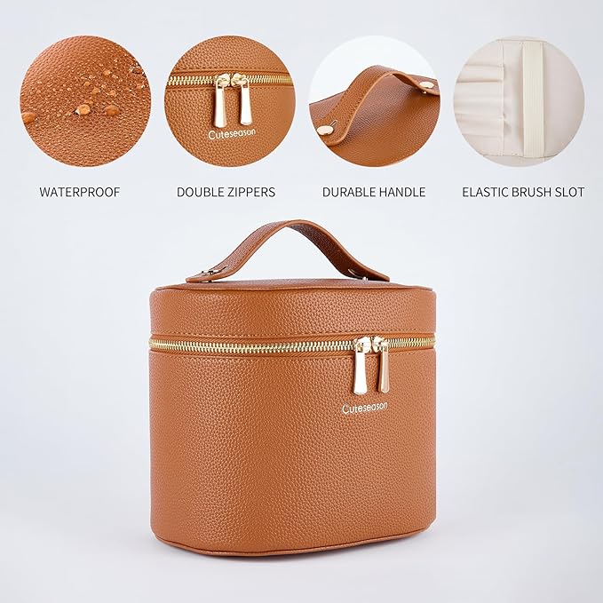 Cuteseason Large Makeup Bag Organizer, PU Leather Makeup Case with Removable Dividers, Waterproof Travel Cosmetic Bag(Light Khaki)