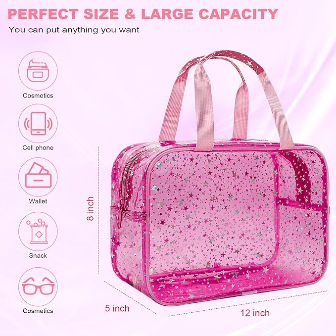 Junesters Clear Red Star Large Makeup Bag with Star Pattern 12x5x8 inch, Travel Cosmetic Bag with Handle, Durable PVC Material Washbag Zipper Opening Design for Makeup Travel Organizer or Gym Use