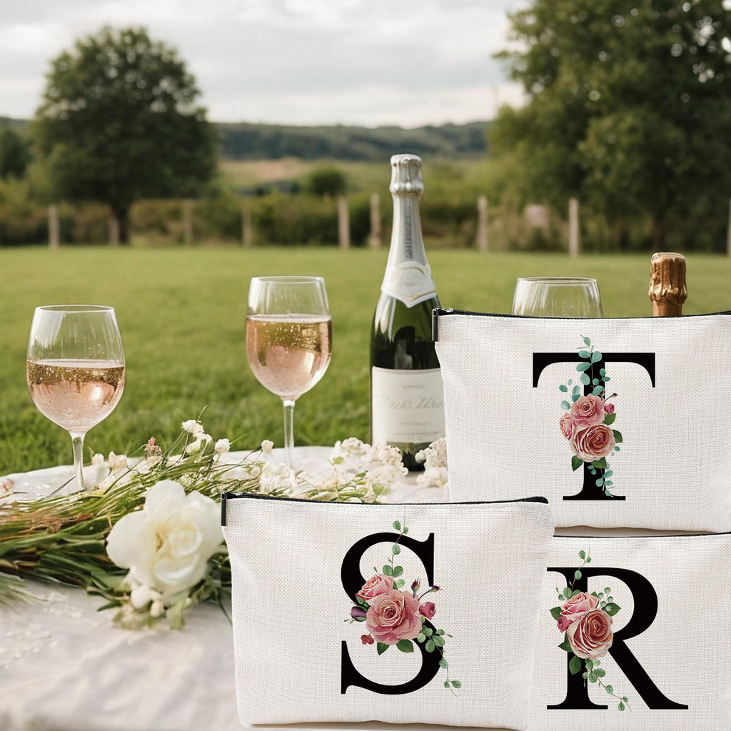 Initial A-Z Personalized Letter Makeup Bag, Monogrammed Bridesmaid Gifts/Presents Cosmetic Bag, Portable Stationery Storage Organizer Pouch, Friendship Love Travel Makeup Bags