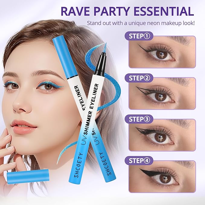 Wismee Metallic Neon Liquid Eyeliner, Glitter Neon Colored Eyeliners Pen, High Pigmented, Waterproof Smudge-Proof and Long-Lasting Metallic Eye Makeup for Halloween Christmas,Shimmer Blue