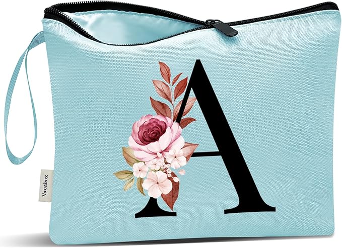 Vavabox A-Z Personalized Makeup Bag, Birthday Gifts for Women Mom, Gifts for Best Friend, Bride Bridesmaid Cosmetic bag (A, Aqua)