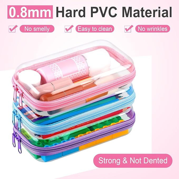 Hoolerry 3 Pcs Clear Hard Zipper Case Hard Plastic Zipper Pouch Makeup Bag Portable Travel Organizer for Cosmetics, Office Supplies, Documents & Toiletries(Multicolor,S)