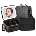 ZhenGuiRu Travel Makeup Bag with LED Mirror, Portable Cosmetic Case Organizer with Lighted Mirror, Waterproof Makeup Case for Cosmetic Brush Holder Storage, Black Toiletry Bag for Women Gift