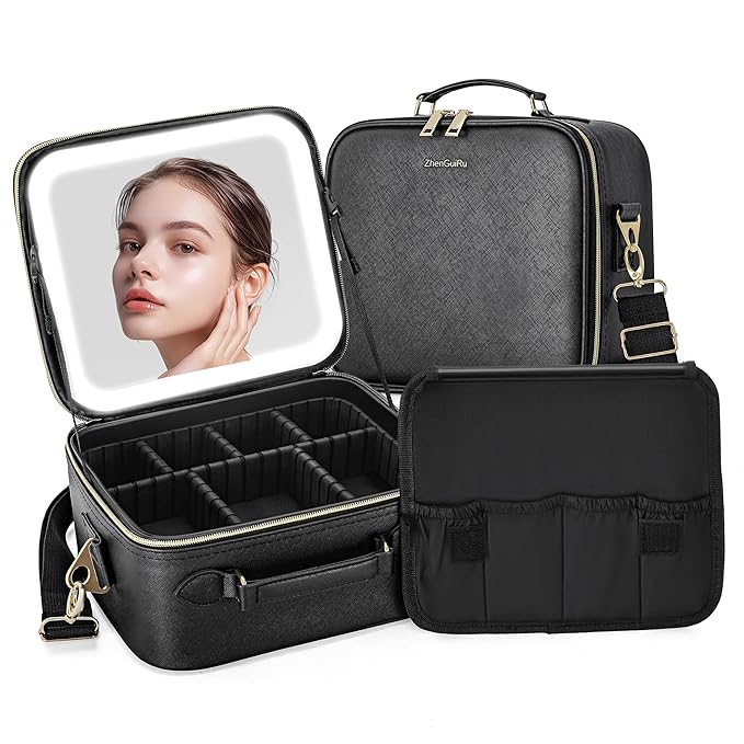 ZhenGuiRu Travel Makeup Bag with LED Mirror, Portable Cosmetic Case Organizer with Lighted Mirror, Waterproof Makeup Case for Cosmetic Brush Holder Storage, Black Toiletry Bag for Women Gift