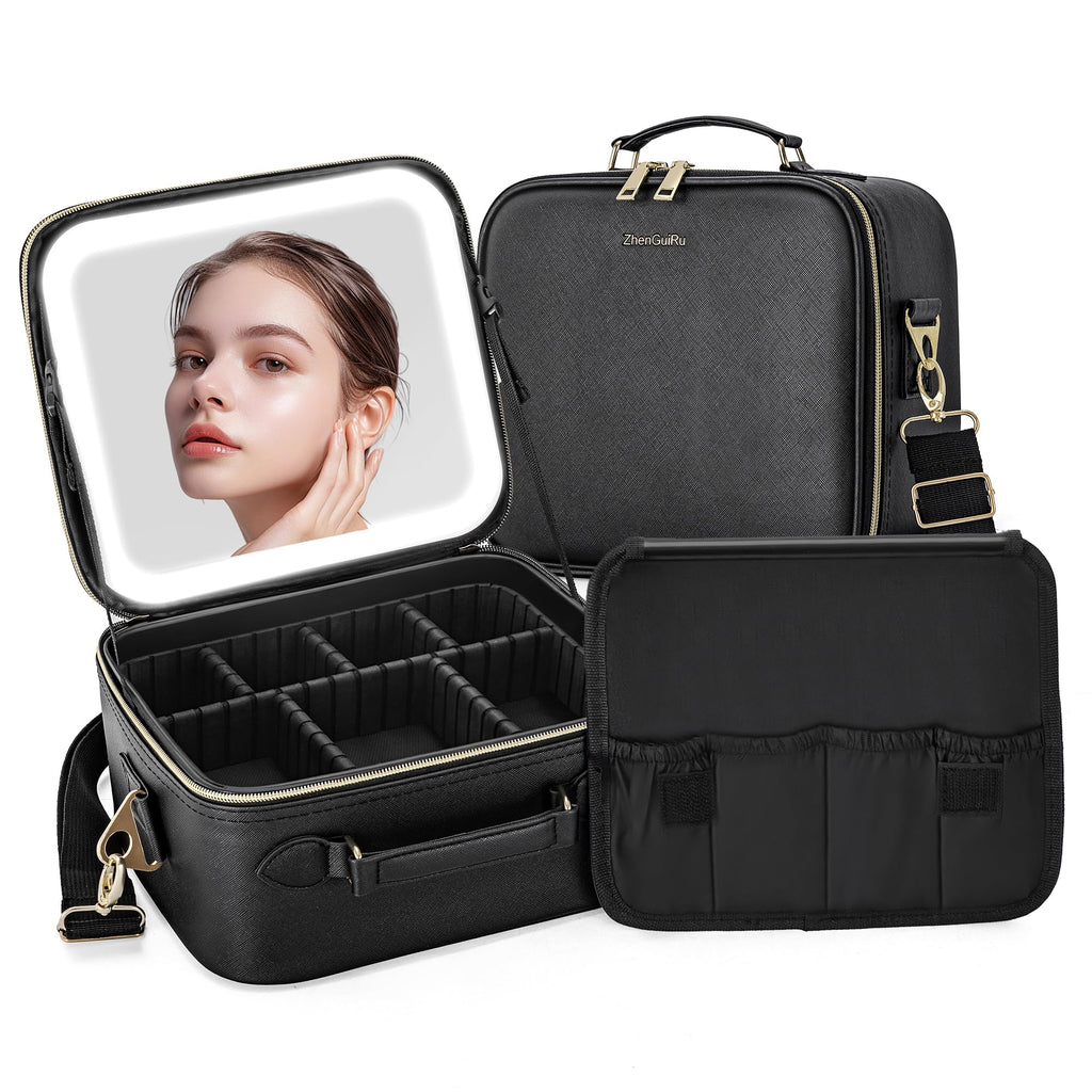 ZhenGuiRu Travel Makeup Bag with LED Mirror, Portable Cosmetic Case Organizer with Lighted Mirror, Waterproof Makeup Case for Cosmetic Brush Holder Storage, Black Toiletry Bag for Women Gift