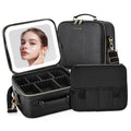ZhenGuiRu Travel Makeup Bag with LED Mirror, Portable Cosmetic Case Organizer with Lighted Mirror, Waterproof Makeup Case for Cosmetic Brush Holder Storage, Black Toiletry Bag for Women Gift