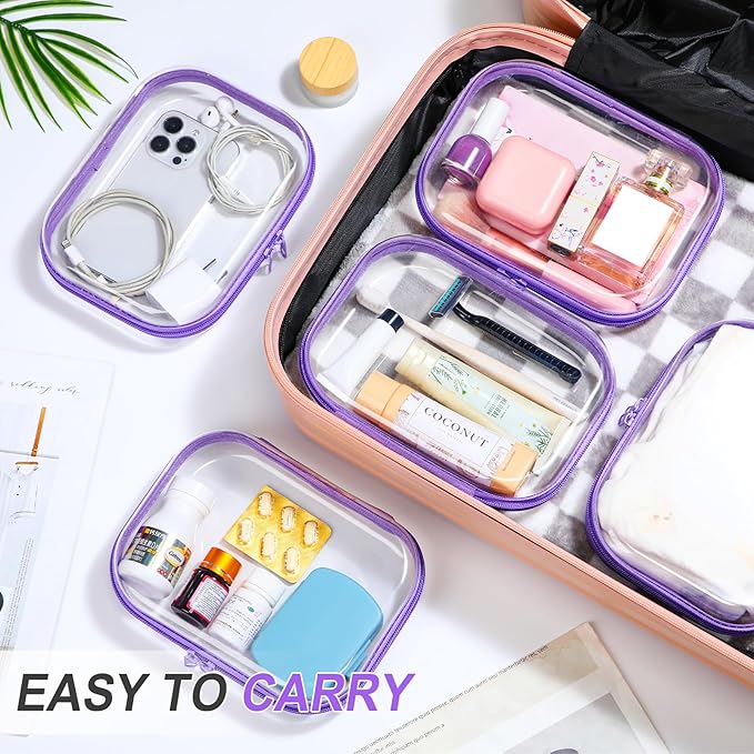Sanwuta 6 Pcs Clear Hard Zipper Case Plastic Zipper Pouches Transparent Makeup Bag Pencil Case Pouches Toiletry Diaper Bag for Travel Toy Storage Organizer Bins(Purple,7.87 x 5.9 x 2 Inch)