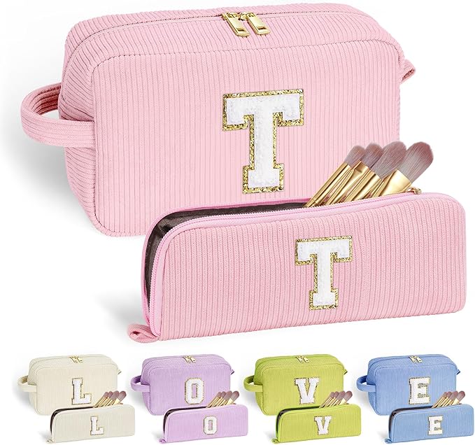 YOOLIFE Monogram Travel Makeup Bag - Initial Make Up Bag Cosmetic Bag Makeup Brush Bag Makeup Pouch Travel Essentials Cute Makeup Bag Girlfriend Sister Gifts Bridesmaid Gifts for Women Her Pink T