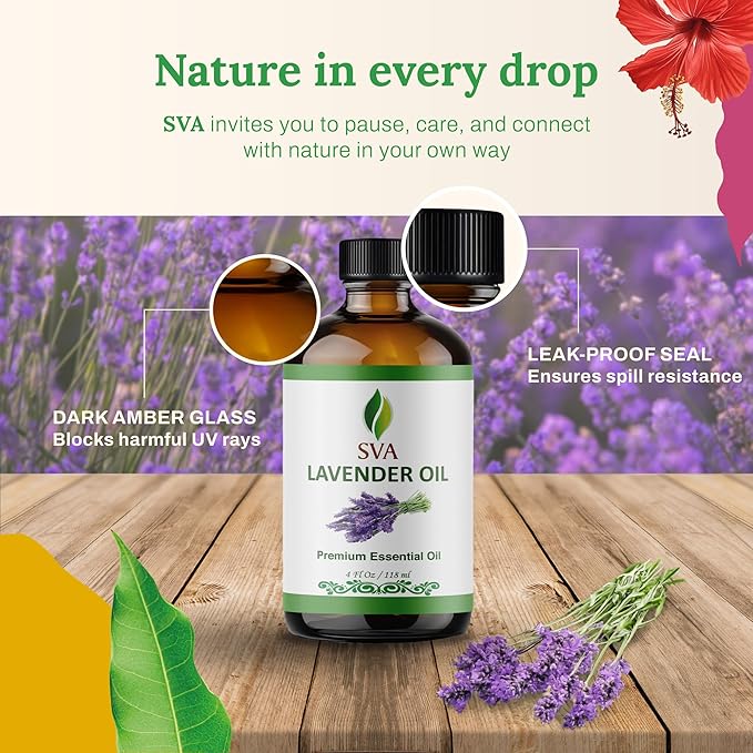 SVA Lavender Essential Oil 4 Fl Oz – for Diffuser, Skin & Hair Care – Ideal for Massage & DIY Blends – with Dropper
