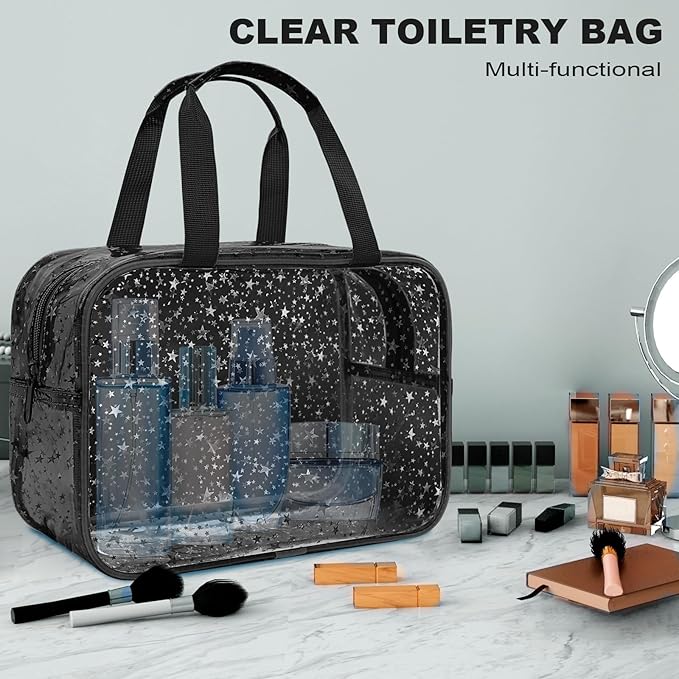 Junesters Clear Black Star Large Makeup Bag with Star Pattern 12x5x8 inch, Travel Cosmetic Bag with Handle, Durable PVC Material Washbag Zipper Opening Design for Makeup Travel Organizer or Gym Use