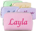 Yofair Personalized Makeup Bag with Name, Bridesmaid Gifts Large Capacity Travel Toiletry Case Custom Seersucker Cosmetic Bags Wedding Birthday Gifts for Girls Women