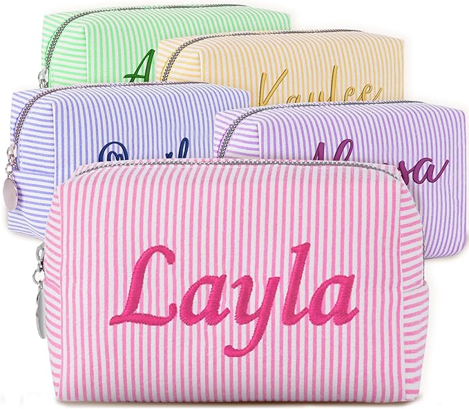Yofair Personalized Makeup Bag with Name, Bridesmaid Gifts Large Capacity Travel Toiletry Case Custom Seersucker Cosmetic Bags Wedding Birthday Gifts for Girls Women