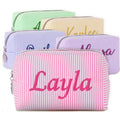 Yofair Personalized Makeup Bag with Name, Bridesmaid Gifts Large Capacity Travel Toiletry Case Custom Seersucker Cosmetic Bags Wedding Birthday Gifts for Girls Women