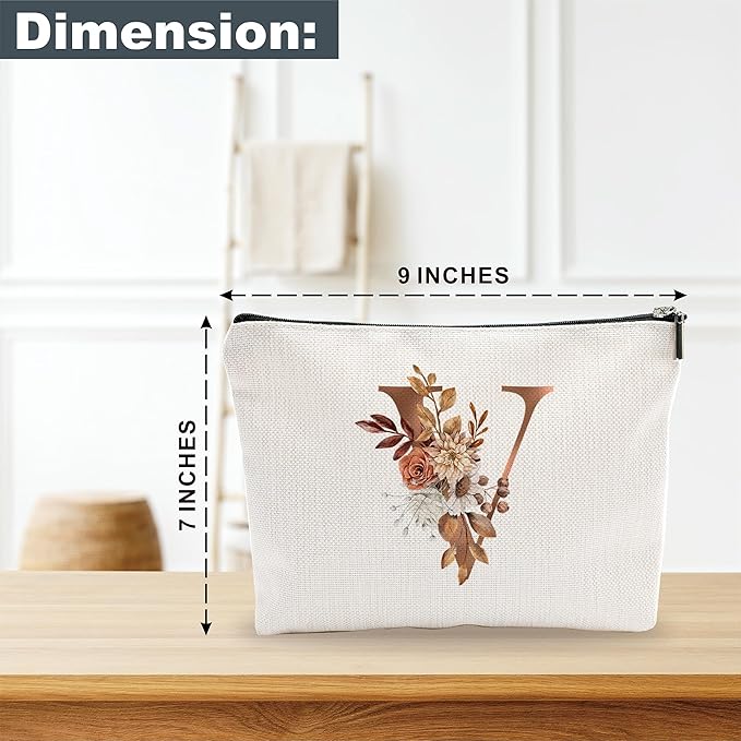 YKYENR A-Z Boho Personalized Cosmetic Bag-Floral Cotton Letter Makeup Bag With Zipper-Artistic Cosmetic Bag For Travel-Bride,Birthday Gift For Women Daughter Friends-Women Makeup Organizer-A22
